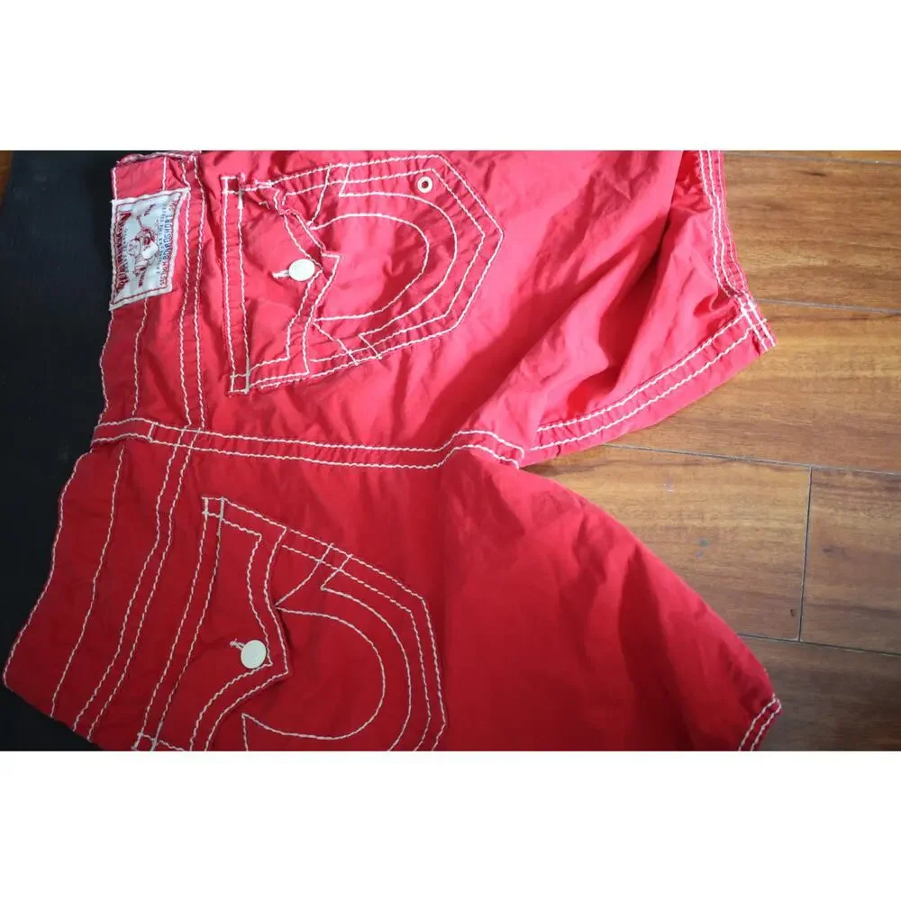 True Religion Red Board Shorts Men's 36 Swim Trunks Surf Beach Contrast Stitch